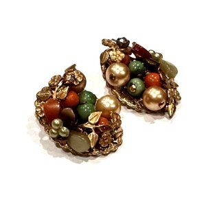 CLUSTER FLORAL BEAD RHINESTONE PEARL AUTUMN CLIP ON EARRINGS MIRIAM HASKELL ? EU